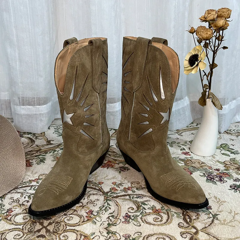 Womens Western Contrast-stitching Cowboy Boots - Suede Khaki/Black Cowgirl Boots