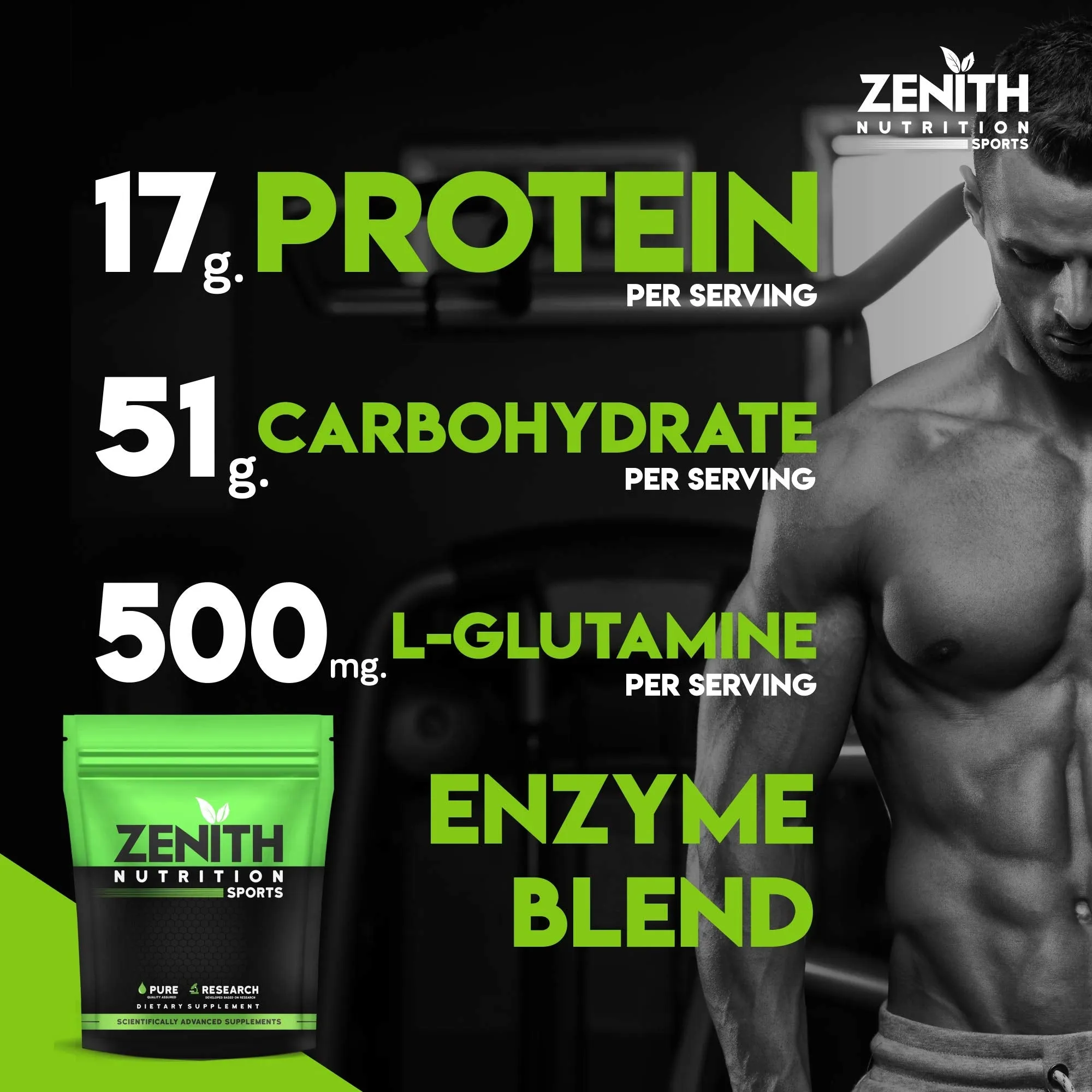 Zenith Nutrition Mass Gainer Powder(For Adults,Double Rich Chocolate 750 gms) with Enzyme blend | 17gm Protein | 51gm Carbs | Added Glutamine | Lab tested