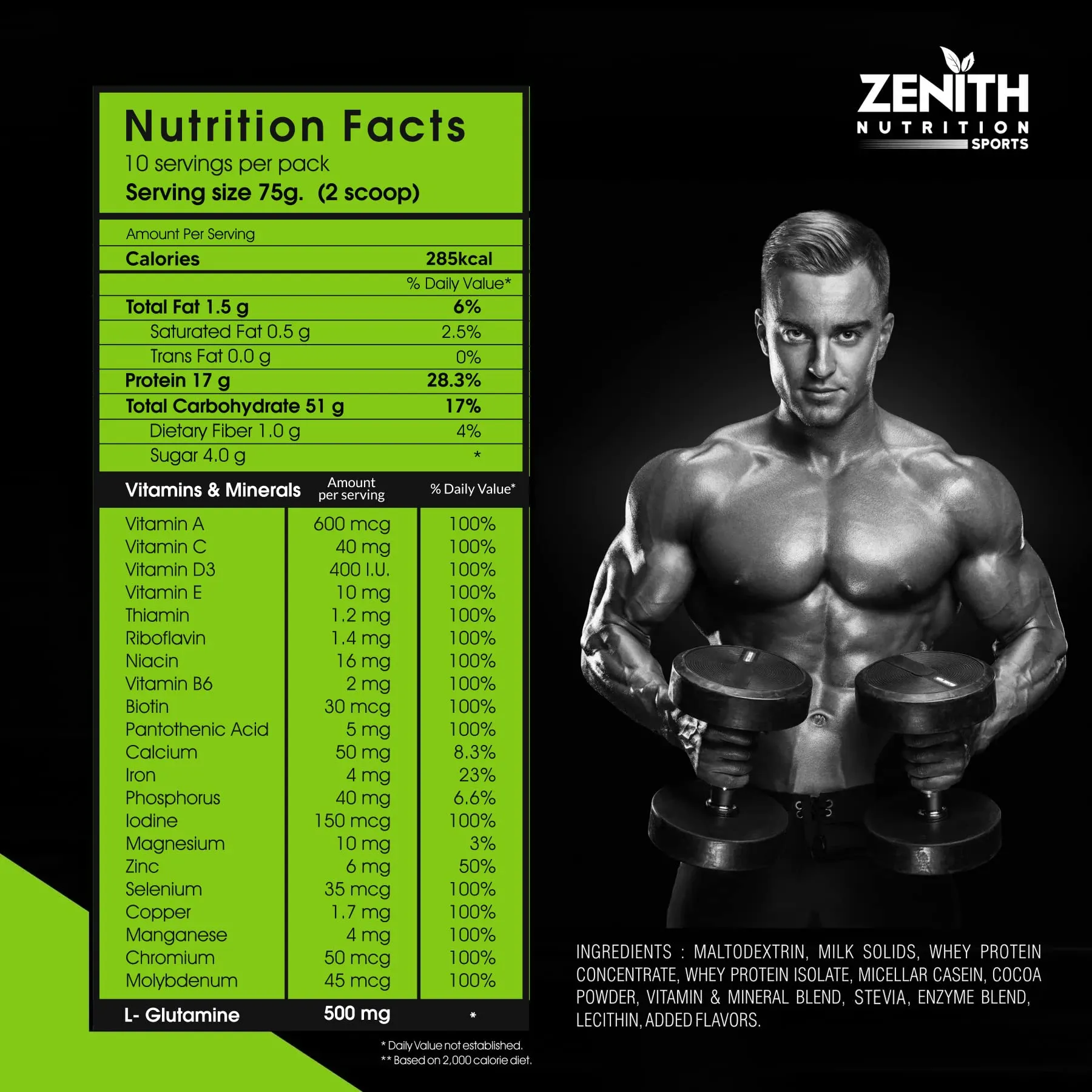 Zenith Nutrition Mass Gainer Powder(For Adults,Double Rich Chocolate 750 gms) with Enzyme blend | 17gm Protein | 51gm Carbs | Added Glutamine | Lab tested